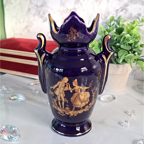 AMPHORA COBALT BLUE MADE IN ENGLAND AND HAND EMBELLISHED IN LIMOGES FRANCE - Picture 2 of 16